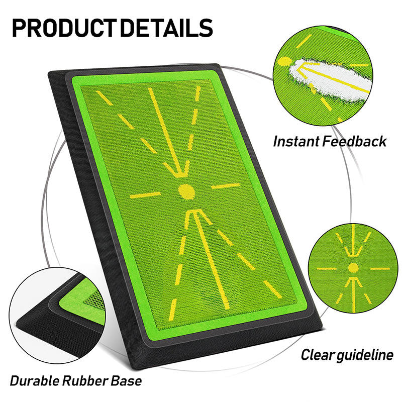 Golf mat details including instant feedback, guidelines and rubber base