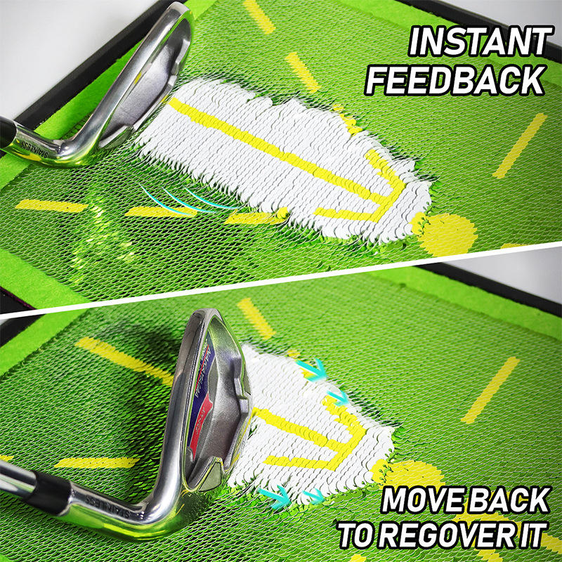 Golf club revealing an instant swing-path mark on the mat